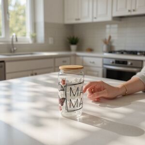 Decorative glass‎ cup with bamboo lid and straw